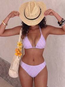 Swim Vcay Women's Summer New Arrival Fresh Purple Floral All-Over Print Sexy Triangle Cup Bikini Set - Purple - View 1