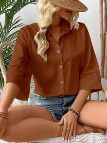 Breezaya Vacation Casual Versatile Solid Color Shirt - Brown - View 6
