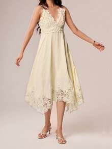 Willow Rêve 女款黃色刺繡不對稱下擺洋裝，浪漫度假風，情人節波西米亞風，適合約會、野餐，刺繡洋裝 - 鵝黃色 - 查看 4