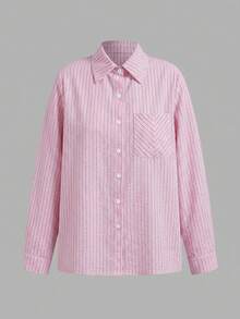 SHEIN LUNE 女款休閒粉色與白色條紋白襯衫及長褲三件套，秋季服裝，套裝，適合工作、早午餐、度假、旅行穿著 - 粉色 - 查看 10