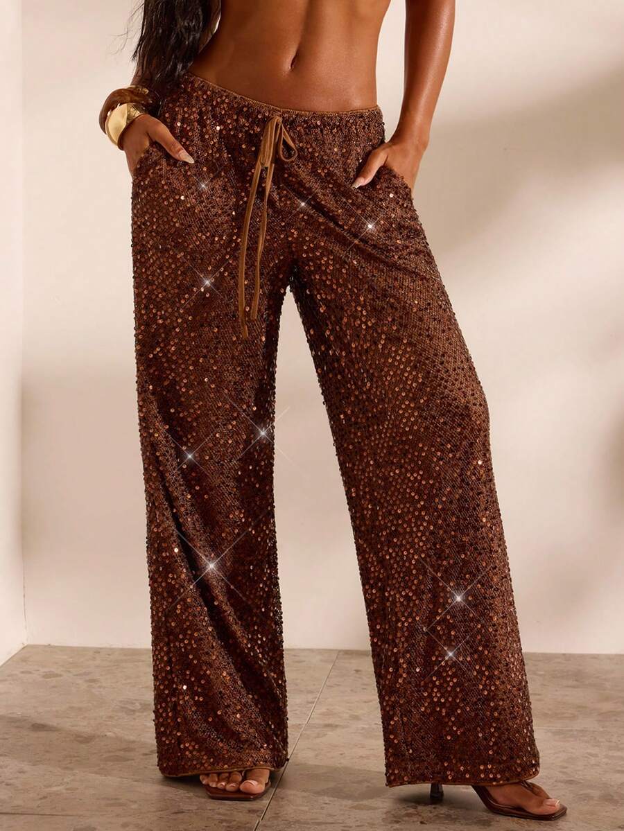 Opulessa Casual Vacation Solid Color Sequin Loose Fit Women's Long Pants - Brown - View 1