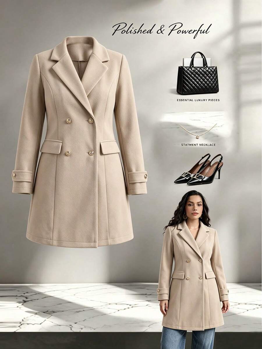 GlowEve CURVE Fashion Casual Double-Breasted Khaki Sleeve Decor Button Plus Size Women's Overcoat - Khaki - View 1