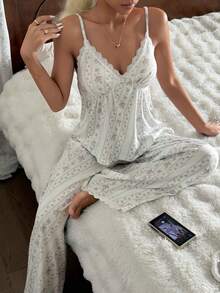 CottageSlumber Women's Romantic Floral Contrast Lace Trim Wide Leg Pajama Set - Multicolor - View 6