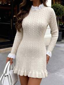 SHEIN PariChic Women's Autumn/Winter French Gentle Style Cable Knit Dress, Ruffle Hem, Cinched Cinched Waist, Patchwork, Stand Collar, Long Sleeve, Short Length - Beige - View 3