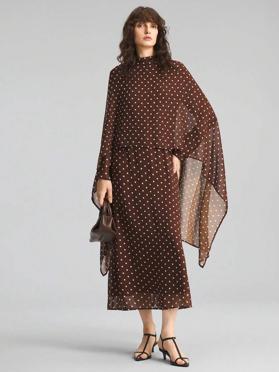 Women's Brown Comfortable Chiffon Fabric Polka Dot Pattern Loose Fit 2 In 1 Design Cape-Style Top And Long Sleeve Dress With Oversized Skirt, Modern Urban Fashion Business Casual Office Wear, Low-Key Old Money Style Elegant High-End Commuter High-Quality Airport Outfit, Autumn Essential Vintage Romantic Long Dress