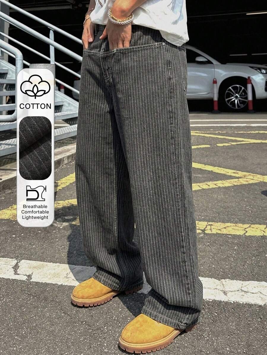 DAZY Spring Striped Pocket Wide Leg Loose Fit Men's Jeans - Black - View 1