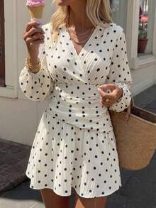 SHEIN Frenchy Women's Elegant French Vintage Polka Dot V-Neck Wrap Ruched Puff Sleeve Mini Dress Going Out Picnic Brunch Back To School Business Autumn Black White - Multicolor - View 5