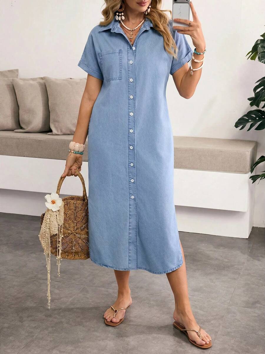 Sunnyshic Plus Size Casual Front Button Denim Dress - Blue - View 1