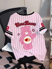 SHEIN X Care Bears 大尺碼女款圓領條紋字母卡通印花休閒日常夏季T恤 - 白色 - 查看 2