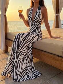 Aloruh Women's Zebra Print Halter Neck Deep V Sexy Dress, Ruched Waist Slimming Fit, Commute Versatile Street Style Long Fishtail Dress, Summer, Beach - Black and White - View 5
