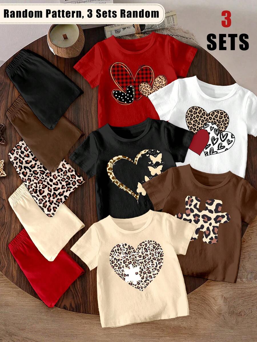 (Random 5 Sets, Send 3 Sets) Summer Girls' Grid Ripple Dot Leopard Pattern Love Butterfly Basic Short T Plus Cycling Pants Set 6-Piece Set - Multicolor - View 1