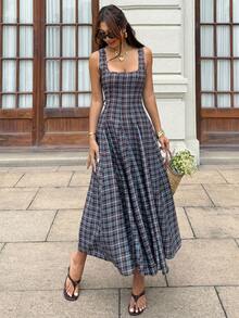 Serisse Damen Mode kariertes plissiertes ärmelloses Urlaubs-Kleid Brunch Picknick hellgrau Sommer französischer Vintage-Stil - Verschiedenfarbig - Übersicht 9