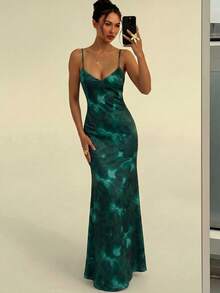 Aloruh Spring/Summer Vacation Spaghetti Strap Tie-Up Fitted Sexy Printed Women's Dress, Summer Clothing, Streetwear, Suitable For Daily Commute, Date, Party, Autumn/Winter, Summer, Party, Wedding, Beach, Graduation Ceremony, Elegant, Casual, Outing, Y2K, Music Festival Outfit, Holiday Clothing, Elegant Dress, Mermaid Dress - Multicolor - View 4