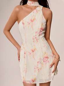 Willow Rêve Women's Pink Floral Halter Neck Scarf One-Shoulder Mini Dress, Romantic Elegant Wedding Style, Boho Style, Summer Garden Party Brunch - Beige - View 9