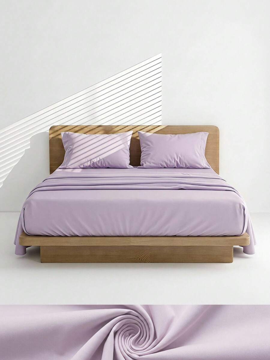 Veyra Day 4pcs/Set 100% Polyester Sheet Set Easy Care Bedding Set Fitted Sheet Set (1pc Flat Sheet+1pc Fitted Sheet+2pcs Pillowcases) Fitted Sheet Set King Queen Full TWIN SIZE Sheet Deep Pocket Up To 35cm , Breathable Better For Sleep - Light purple - View 1