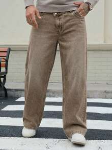 DAZY Autumn Slanted Waist Design Button Blue Washed Distressed Men's Jeans - Khaki - View 6