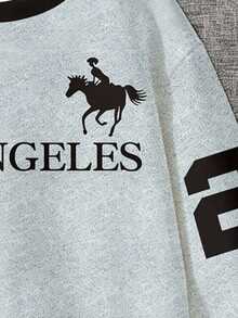 (1件) 男童時尚簡約休閒 Pony Los Angeles Badge 23 灰色與黑色拼接圖案基本款圓領運動衫 - 彩色 - 查看 5