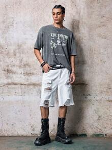 Skyrend 男士休閒夏季純色破洞牛仔短褲 Jorts 哥德龐克街頭風 Emo 男孩穿搭 - 白色 - 查看 3