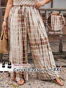 SHEIN CURVE+ 大尺碼 US22 音樂祭海邊度假波希米亞風蠟染印花寬鬆寬腿休閒長褲，波希米亞風女式西式服飾，沙灘度假穿搭 - 彩色 - 查看 2