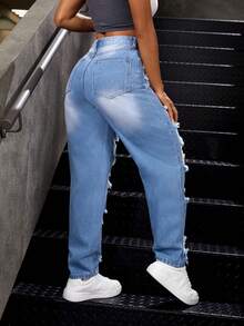 SHEIN PETITE Ladies' Ripped Jeans ,Petite Women - Blue - View 2