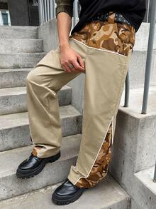 Manfinity Roghcode Style de rue jeune pour hommes, article multifonctionnel INS : pantalon long pour hommes avec design de motif camouflage patchwork divisé, convient pour le port de rue, le quotidien décontracté, les sorties du week-end, les festivals de musique, les fêtes et autres occasions sociales pour les jeunes. Ce pantalon est un article polyvalent essentiel dans la garde-robe des hommes, ce qui en fait un cadeau parfait pour un petit ami ou un mari. - Kaki - Voir 4
