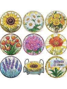 8 Stücke/Set Blumen Diamant Malerei Untersetzer, DIY funkelnde Strass hitzebeständige Tassenuntersetzer, vollständiges Diamant Kunst Handwerk Set für Anfänger und Erwachsene, handgefertigtes dekoratives Untersetzer Geschenkset, künstliche Diamant Kunst Handwerksbedarf, Geschenk - Verschiedenfarbig - Übersicht 1