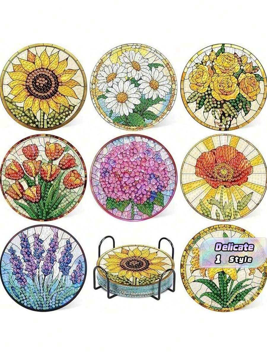 8 Stücke/Set Blumen Diamant Malerei Untersetzer, DIY funkelnde Strass hitzebeständige Tassenuntersetzer, vollständiges Diamant Kunst Handwerk Set für Anfänger und Erwachsene, handgefertigtes dekoratives Untersetzer Geschenkset, künstliche Diamant Kunst Handwerksbedarf, Geschenk - Verschiedenfarbig - Übersicht 1
