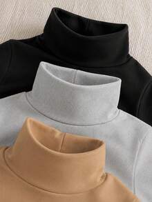 SHEIN 青少年女孩 T-Shirt 百搭休閒貓咪印花 3 件組 高領長袖保暖內層底層 - 彩色 - 查看 3