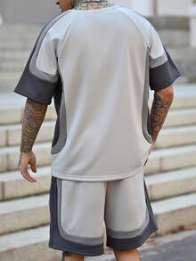 Devon Thys 1 套男士时尚休闲不对称拼色宽松 T 恤和短裤夏季服装，适合日常穿着，舒适服装 - 灰色 - 查看 5