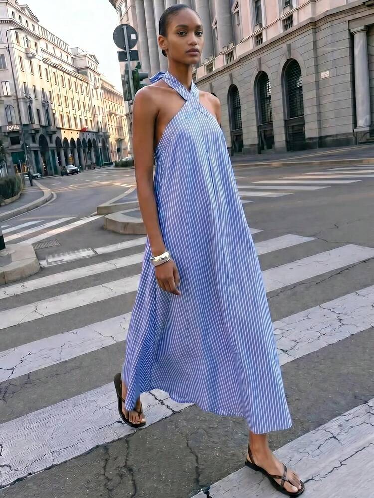 Maija Women's Casual Blue And White Stripe Backless Halter Dress,Elegant Autumn Holiday Vacation Outfits For Party,Beach,Vintage Old Money Style Dresses