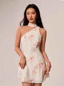Willow Rêve Women's Pink Floral Halter Neck Scarf One-Shoulder Mini Dress, Romantic Elegant Wedding Style, Boho Style, Summer Garden Party Brunch - Beige - View 2
