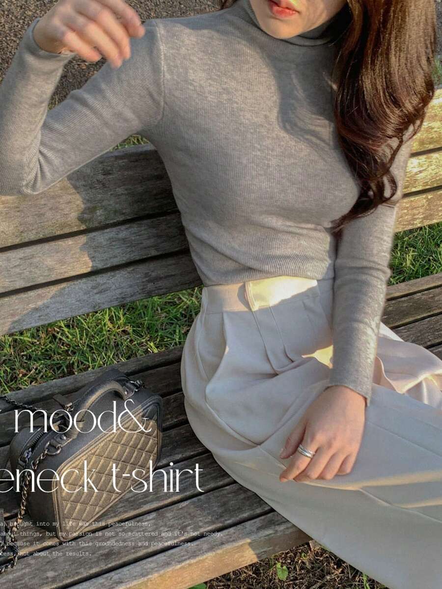 DAZY Solid Color Slim Fit Turtleneck Long Sleeve Knit Sweater, Casual Vacation Spring Autumn Women's Pullover School - Grey - View 1