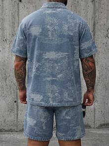 DAZY Men's Plus Size Short Sleeve Single-Breasted Shirt And Shorts Casual Denim Set Summer - Blue - View 2