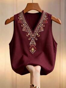 Linhara CURVE Plus Size Bohemian Boho Style Embroidered Sleeveless Burgundy Vest Vacation Summer - Burgundy - View 1