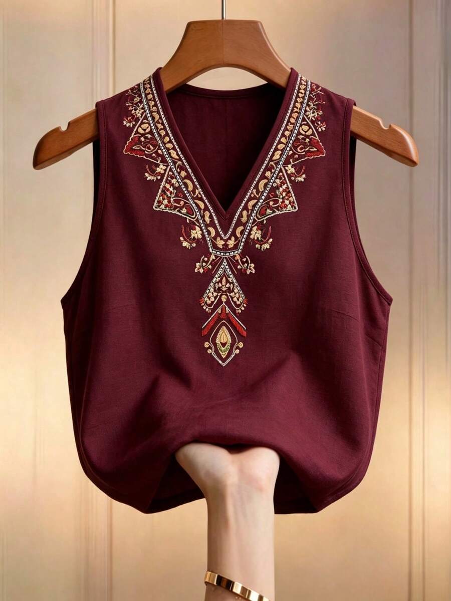 Linhara CURVE Plus Size Bohemian Boho Style Embroidered Sleeveless Burgundy Vest Vacation Summer - Burgundy - View 1