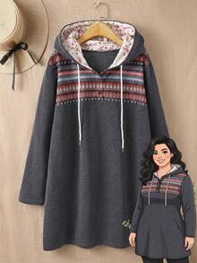 Rusticease Plus Size Women's Geometric Print Long Sleeve Drawstring Hooded Sweatshirt Fall - Grey - View 1