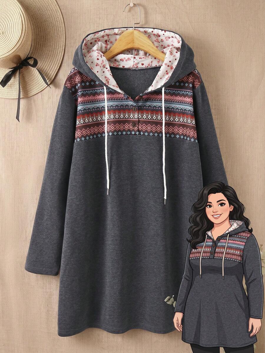 Rusticease Plus Size Women's Geometric Print Long Sleeve Drawstring Hooded Sweatshirt Fall - Grey - View 1