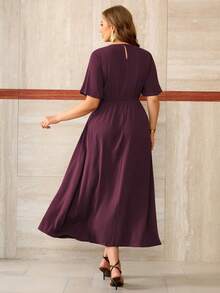 Roveilla Plus Size Women's Spring Autumn Winter French Romantic Sicilian Elegant Casual Commute Vacation Afternoon Tea Party Solid Color Round Neck Cross Tie Metal Buckle Cinched Waist A-Line Long Sleeve Bell Sleeve Maxi Dress - Red Violet - View 2