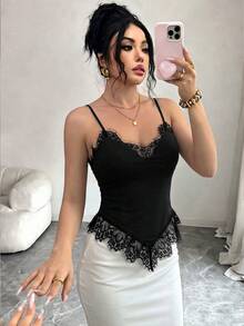 Elenzga Sexy Contrast Lace Trim V-Neck Camisole, Flirty Sexy Slim Fit Body-Flattering Tank Top Night Out Date Night Black Summer - Black - View 2