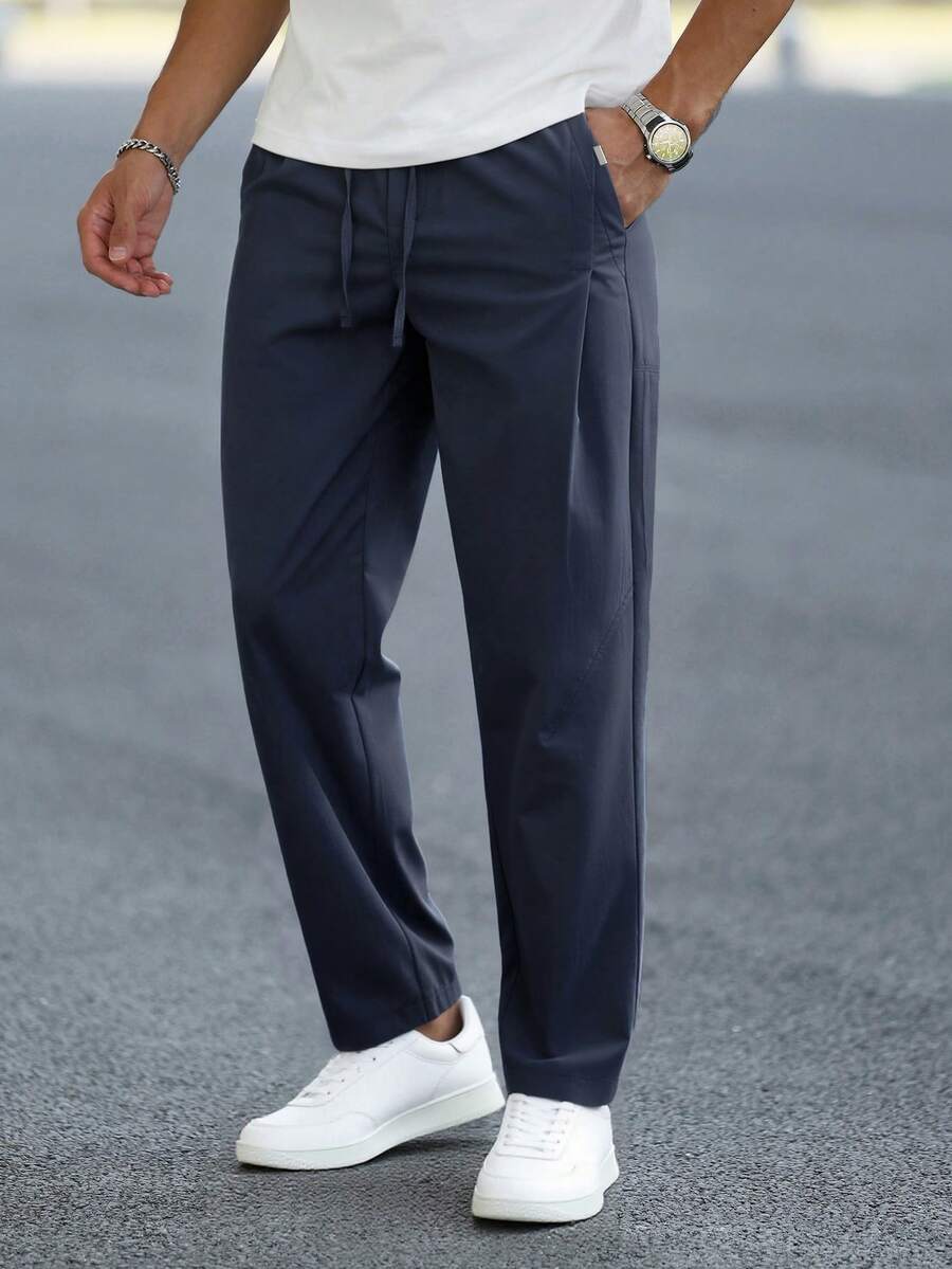 Manfinity Homme Solid Color Versatile Drawstring Pocket Casual Pants - Navy Blue - View 1
