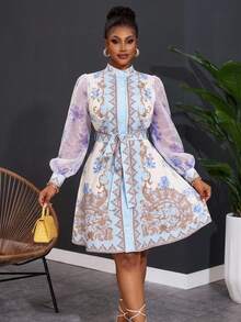 SHEIN CURVE+ Autumn Elegant Party Brunch Tea Party Wedding Guest French Romantic Palace Style Collared Shirt Dress, Sheer Mesh Lantern Sleeve, Waist Tie Fall - Multicolor - View 4