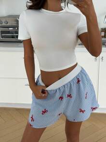 ZzzCrew Solid Color Waist-Cinching Short Sleeve Top With Bow Striped Shorts Women's Pajama Set - Multicolor - View 5