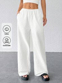 SHEIN PETITE CURVE 大码弹力腰休闲纯色裤 - 白色 - 查看 8