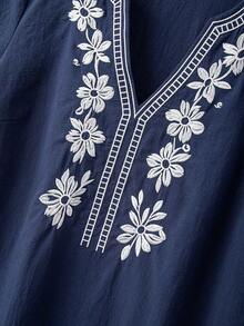 Linhara Plus Size Women Spring/Summer Casual Minimalist Pastoral Style Small V-Neck, Cotton Embroidered Fashion Ruffle Cuff Loose Fit Dress - Blue - View 5
