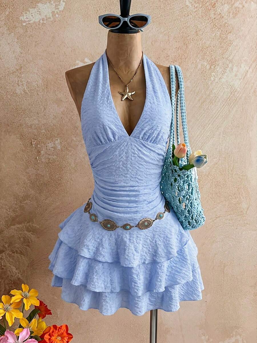 Soleia 秋冬復古斑馬紋紮染掛脖V領抽繩網紗抓皺浪漫度假女款短洋裝 - 淺藍色 - 查看 1