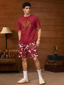 HARRY POTTER X SHEIN 男士字母印花短袖上衣與短褲家居服套裝 - 紅色 - 查看 5