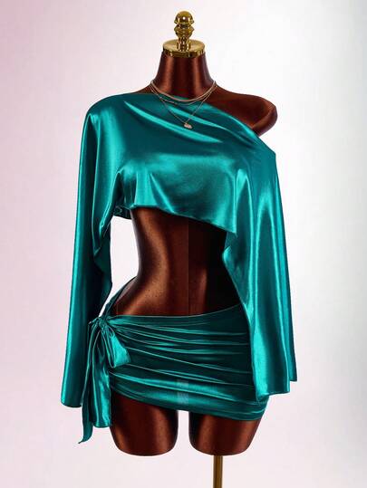 Amplova Romantic Boho New Lace Sheer Asymmetrical Shoulder Cover Up & Tie Mini Skirt Women's Set