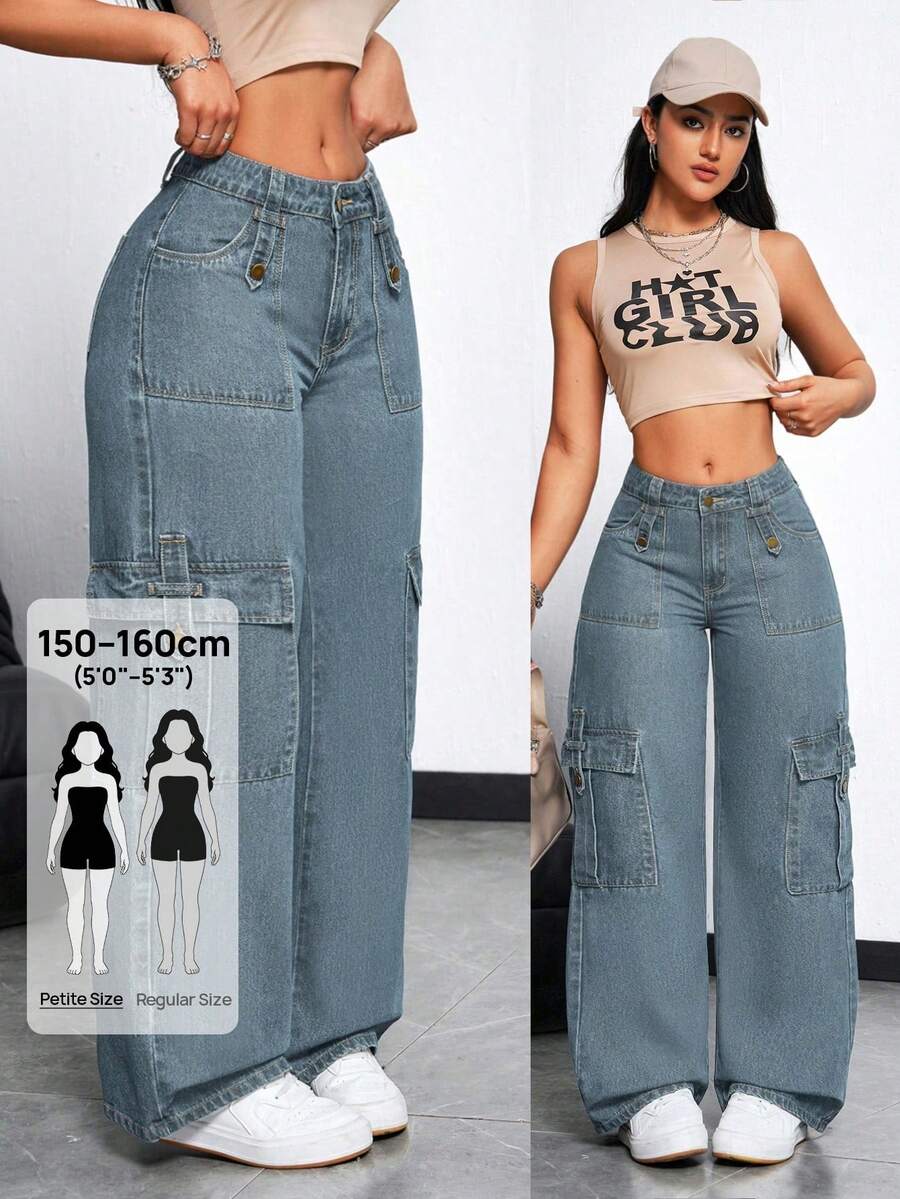 SHEIN PETITE 女款口袋鈕扣休閒工裝寬腿牛仔褲,適合街頭穿搭與通勤,小個子女性適用 - 藍色 - 查看 1