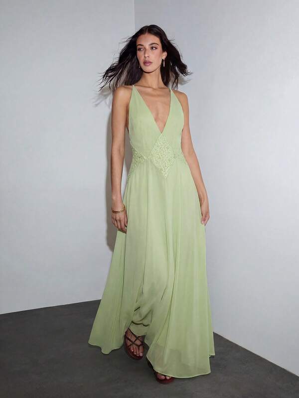 MOTF PREMIUM VACATION LACE PATCHWORK WAIST-CINCHED FITTED EXTRA LONG DRESS SPRING SUMMER