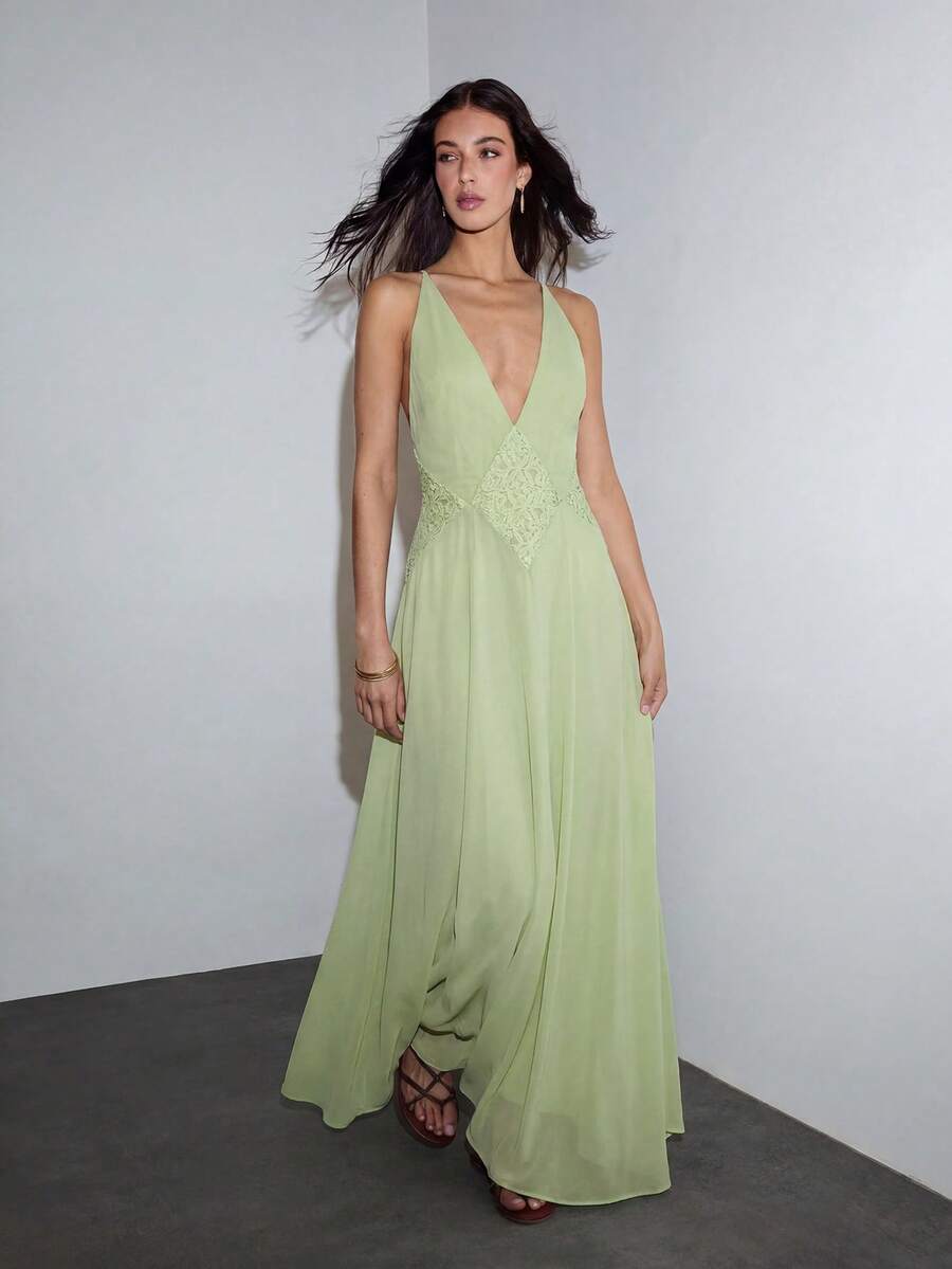 MOTF PREMIUM VACATION LACE PATCHWORK WAIST-CINCHED FITTED EXTRA LONG DRESS SPRING SUMMER - Mint Green - View 1
